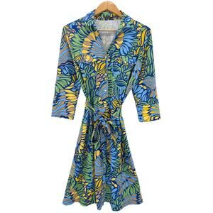 J.McLaughlin Tropical Print Shirt Dress NWOT Women’s L Blue Green Belted Stretch